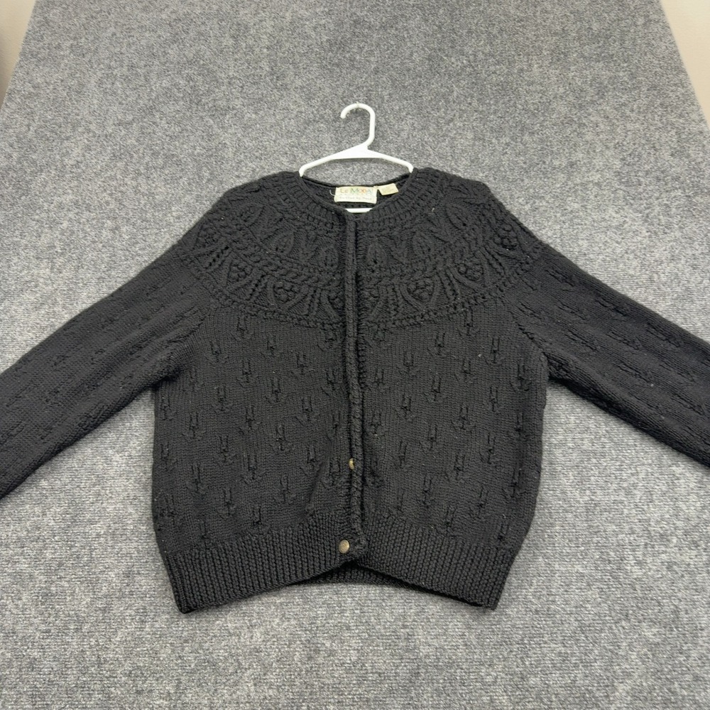 Vintage Le Moda Cardigan Sweater Women L Black Wool Hand Knitted Cable Knit Boho